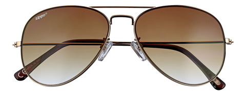 Vue de face lunettes de soleil Zippo marron Havane avec branches dorées en métal