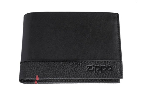 Vue de face porte-monnaie en cuir noir fermé avec logo Zippo