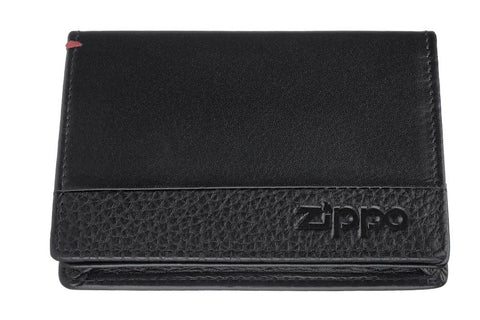 Vue de face porte-monnaie en cuir noir fermé avec logo Zippo