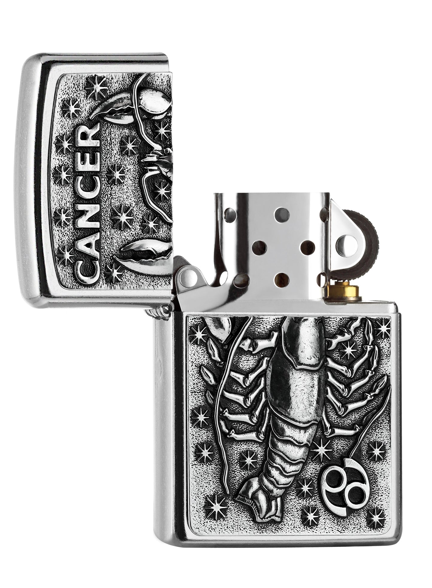 Zippo Feuerzeug Sternzeichen Krebs Emblem geöffnet