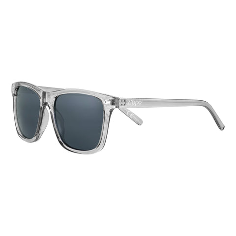 Vue de face 3/4 lunettes de soleil Zippo transparentes rectangulaires, verres gris