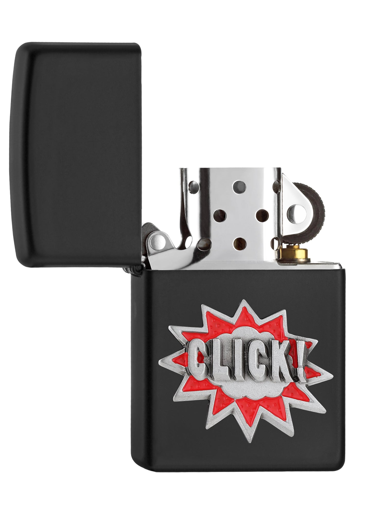 Briquet Zippo noir mat avec emblème lettrage Click, ouvert