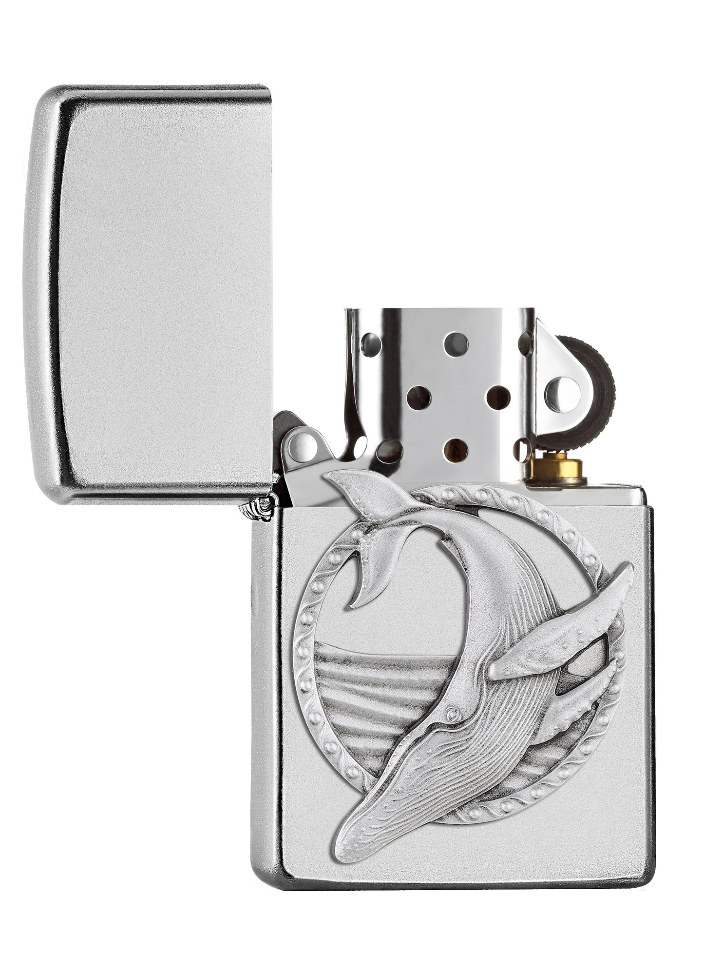 Briquet Zippo chromé emblème baleine bleue, ouvert
