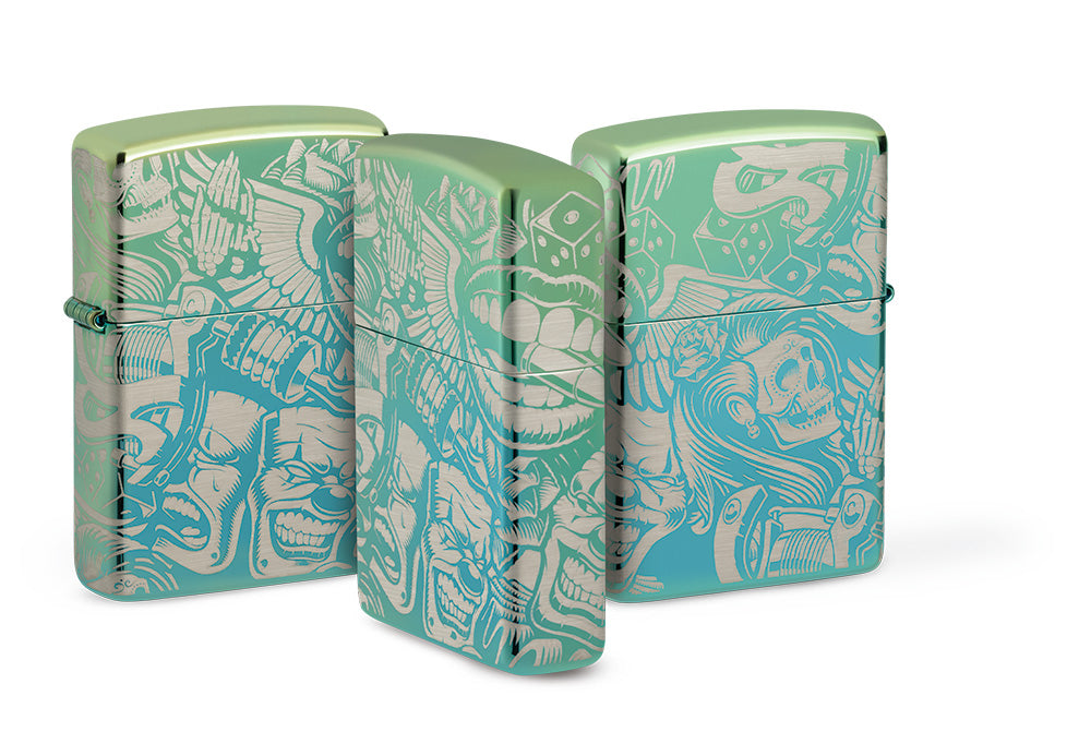 Briquet Zippo 360° vue de face, de l'arrière et de côté fait de métal, avec une illustration en couleur qui montre le style tatouage avec des squelettes de clowns des dés de chance ainsi que des roses