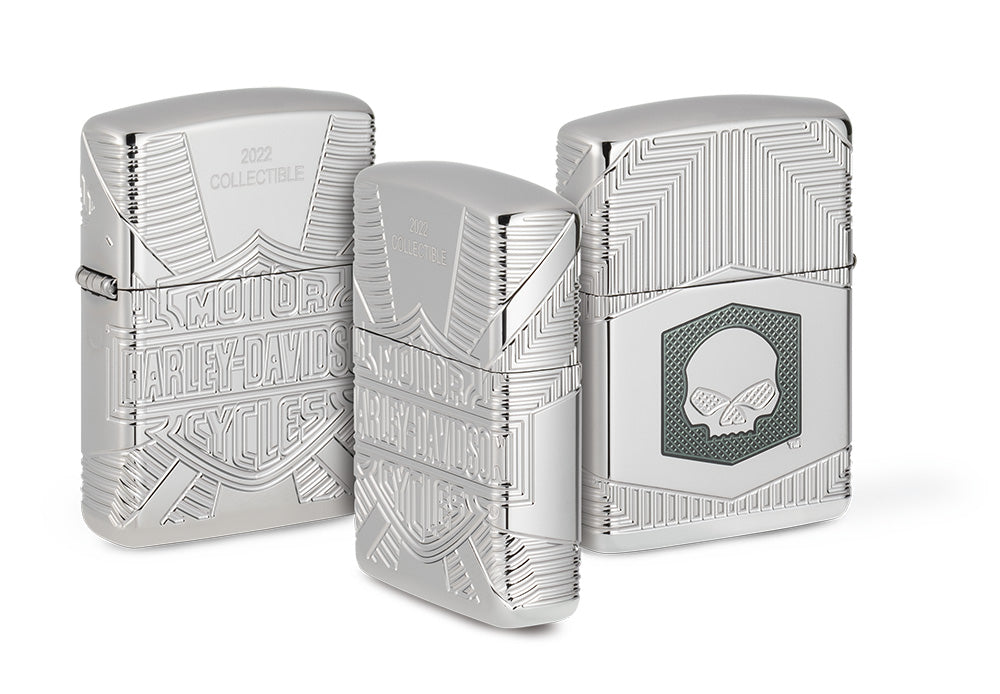 Briquet Zippo de collection 2022 vue groupée logo Harley Davidson avec gravures profondes sur briquet poli miroir à paroi épaisse