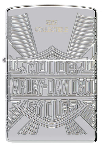 Briquet Zippo de collection 2022,  360° vue de face logo Harley Davidson avec gravures profondes sur briquet poli miroir à paroi épaisse.