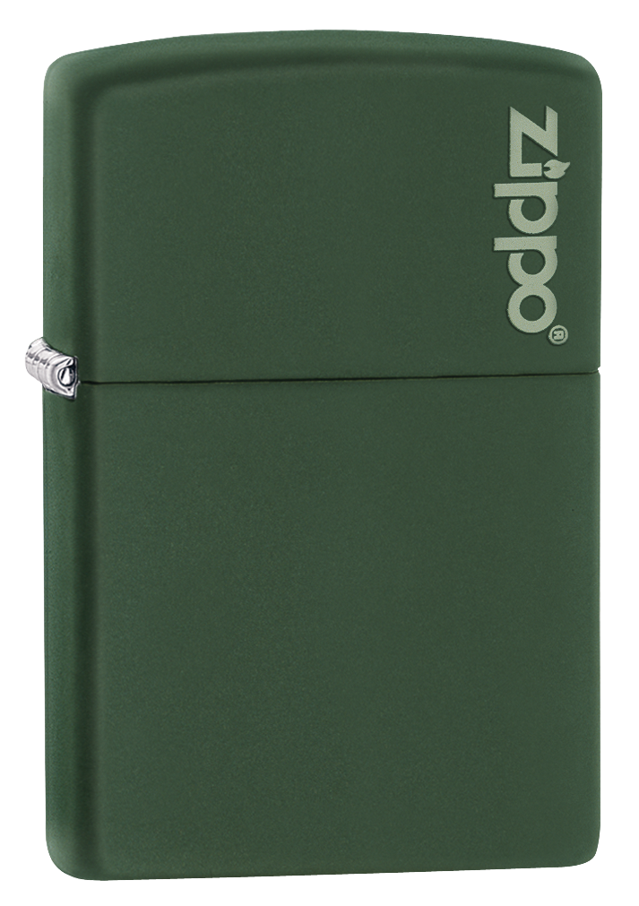 Briquet Zippo vue de trois quarts du briquet tempête Zippo Green matte avec logo
