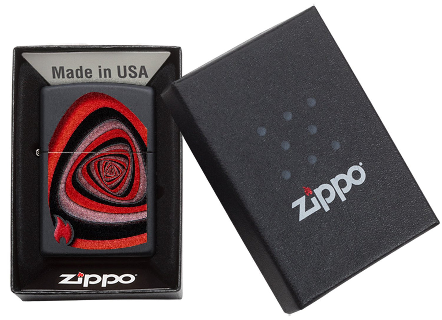 Briquet Zippo tourbillon noir rouge noir, dans une boîte ouverte