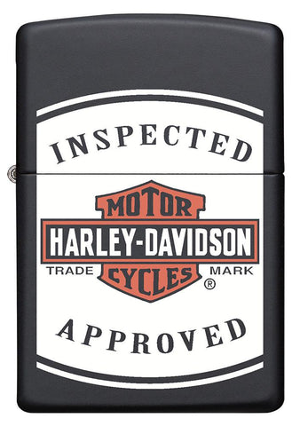 Vue de face briquet Zippo noir mat avec logo Harley Davidson et lettrage Inspected Approved