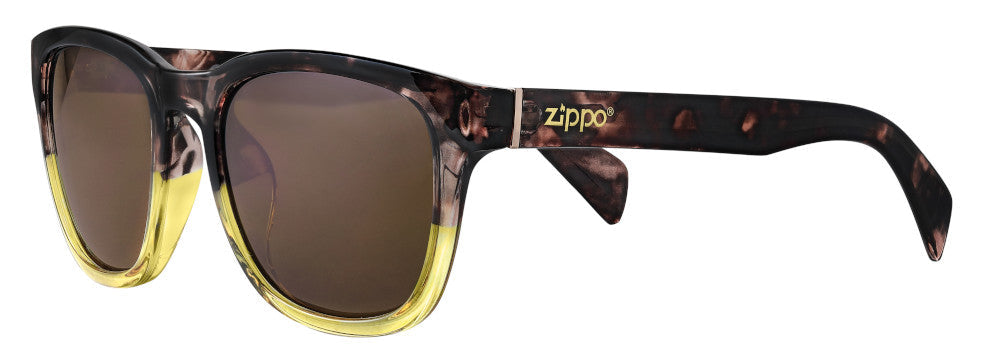 Lunettes de soleil Zippo vue de face ¾ angle avec cadre carré marbré marron et section jaune dans la monture