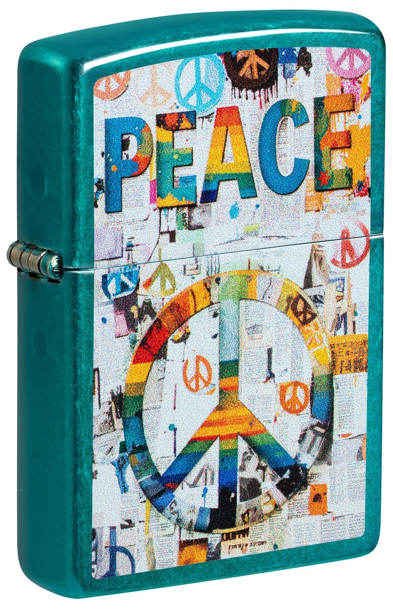 A teal green Zippo-style lighter with a colorful peace sign collage design on the front, featuring the word 'PEACE' in multicolored letters and a large peace symbol over a newspaper-style background.