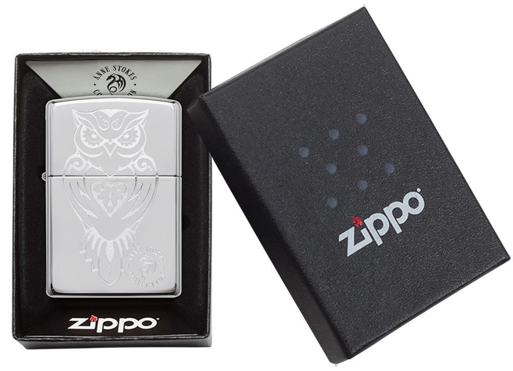 Anne Stokes Owl design High Polish Chrome windproof lighter in packaging