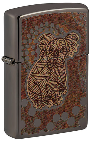 Briquet Zippo vue de face ¾ angle Black Ice® avec illustration colorée d'un koala dans le style de l'art aborigène