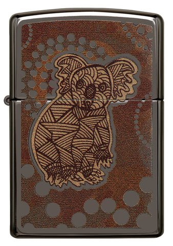 Briquet Zippo vue de face Black Ice® avec illustration colorée d'un koala dans le style de l'art aborigène