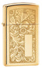 Vue de face 3/4 briquet Zippo Slim Brass avec motif de fleurs vénitiennes et plaque à graver