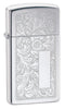 Vue de face 3/4 briquet Zippo Slim Chrome motif de fleurs vénitiennes et plaque à graver 