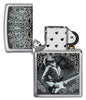 Briquet Zippo vue de face chrome brossé ouvert avec image d'Eric Clapton par Ron Pownall