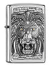 Vue de face 3/4 briquet Zippo emblème lion avec crinière sauvage