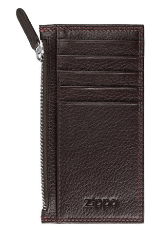 Vue de face porte-cartes marron avec poche zippée marque Zippo