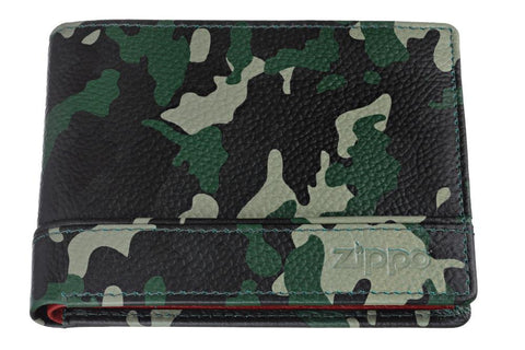 Vue de face portefeuille Zippo motif camouflage vert avec logo Zippo