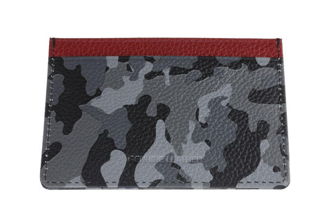 Vue de dos porte-cartes long motif camouflage gris et bord supérieur rouge 