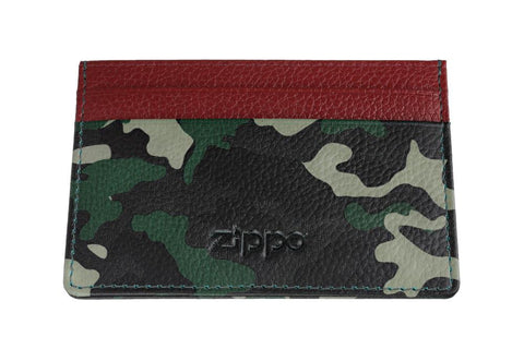 Vue de face porte-cartes motif camouflage vert et bord supérieur rouge avec logo Zippo