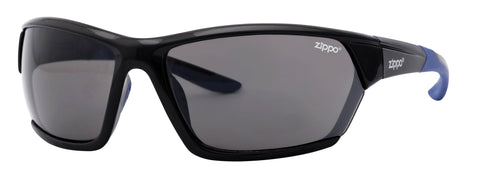 Vue de face 3/4 lunettes de sport Zippo bleu noir avec verres noirs