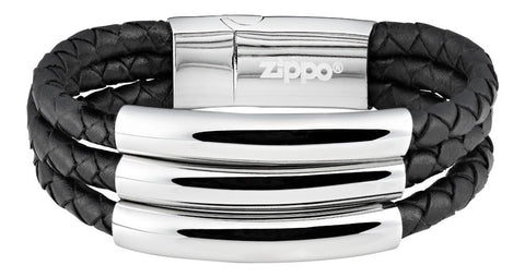 Vue de face bracelet Zippo en cuir avec 3 rangées de cuir dotée chacune d'1 manchon en acier inoxydable au milieu