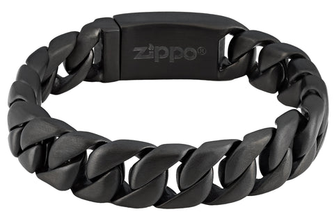 Vue de face bracelet Zippo en acier inoxydable noir avec maillons épais et logo Zippo à l'intérieur du fermoir