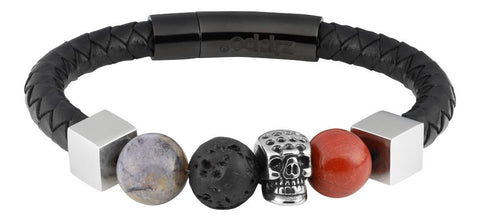 Vue de face bracelet Zippo en cuir noir avec pierres semi-précieuses