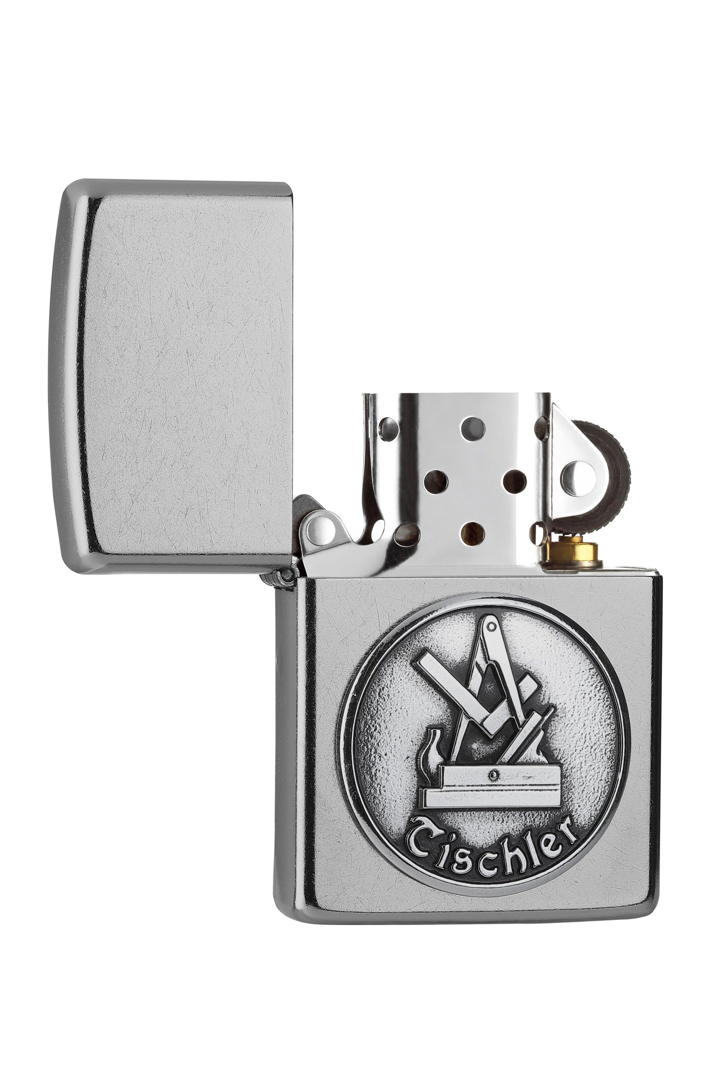 Briquet Zippo chromé emblème de la guilde des Men,uisiers, ouvert