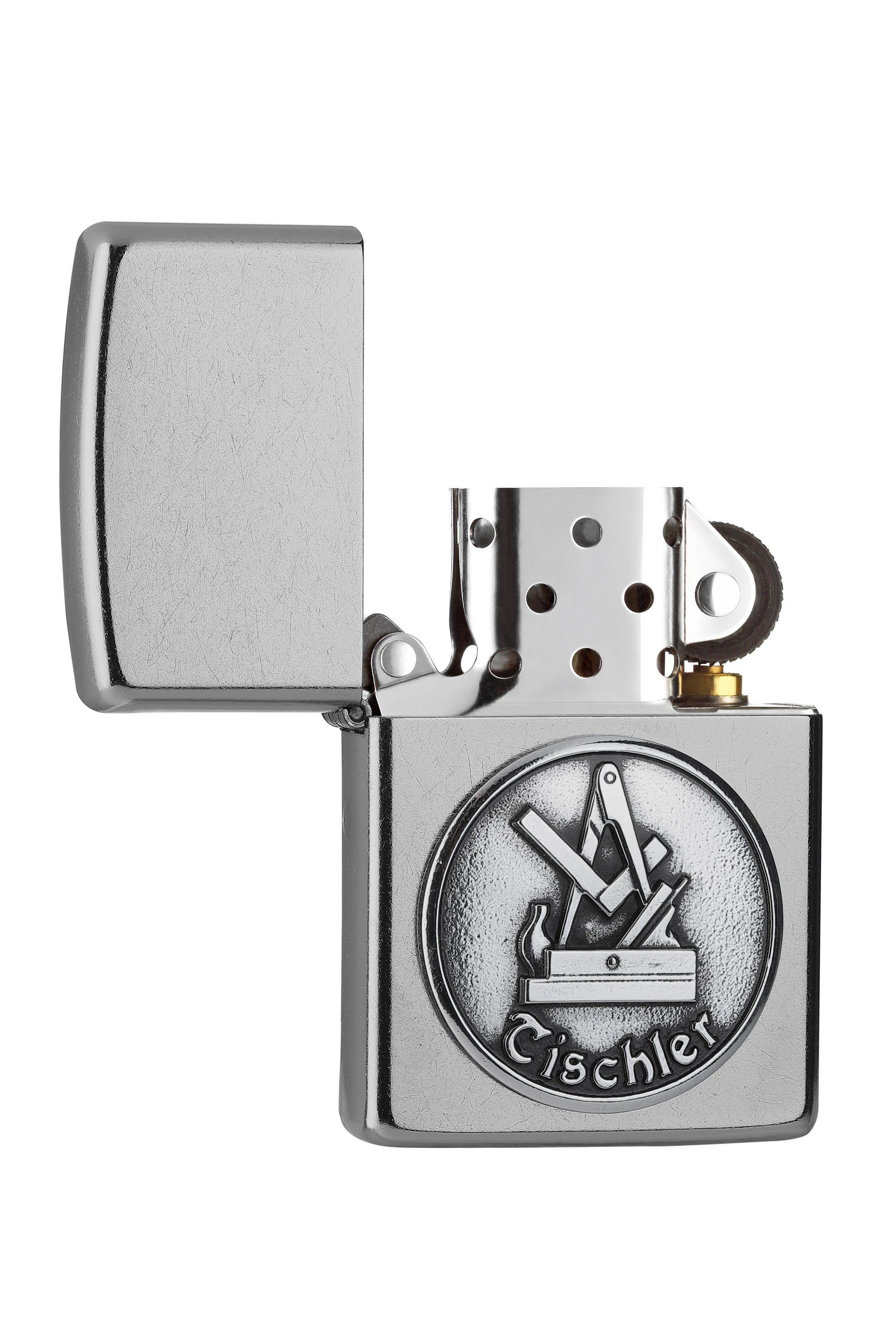 Briquet Zippo chromé emblème de la guilde des Men,uisiers, ouvert