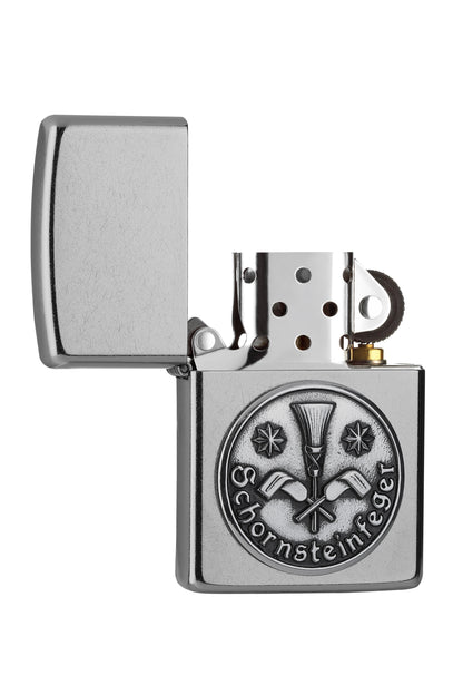 Briquet Zippo chromé emblème de la guilde des ramoneurs, ouvert
