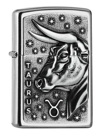 Frontansicht 3/4 Winkel Zippo Feuerzeug Street Chrome Stier Kennzeichen Emblem mit Taurus Schriftzug