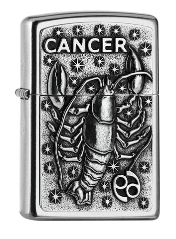 Vue de face 3/4 briquet Zippo signe du zodiaque emblème Cancer
