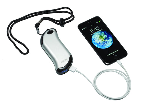  Chauffe-mains rechargeable Zippo Heatbank argenté connecté à un smartphone pour le recharger