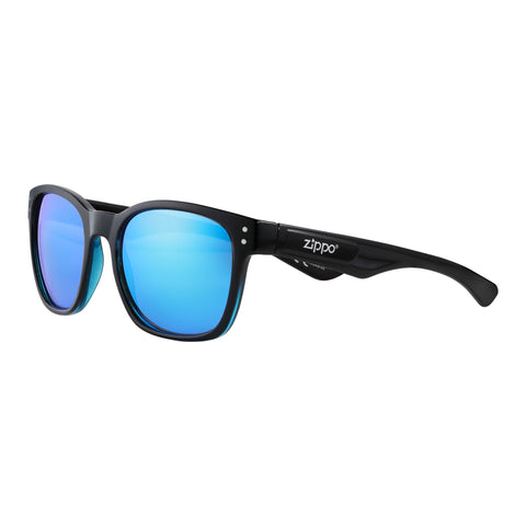 Vue de face 3/4 lunettes de soleil Zippo noires rectangulaires, verres bleus