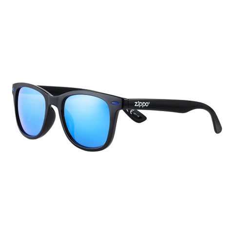 Vue de face 3/4 lunettes de soleil Zippo noires rectangulaires, verres bleus réfléchissants