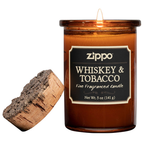 Bougie Zippo Whiskey and Tobacco marron avec couvercle en liège, avec flamme