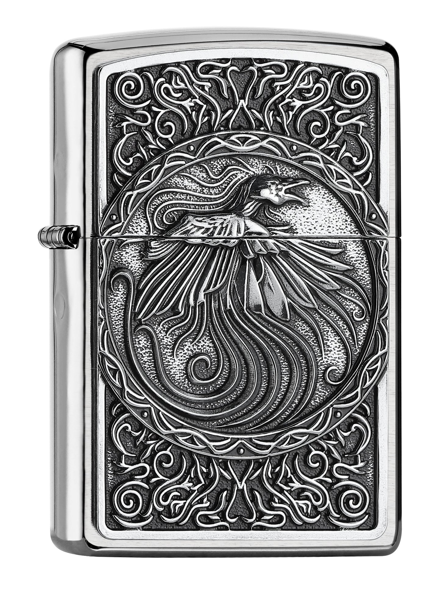 Vue de face 3/4 briquet Zippo chromé phénix encerclé de volutes