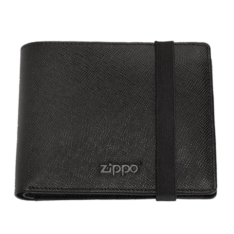 Portefeuille Zippo en cuir Saffiano avec logo Zippo, vue de face avec fermeture en caoutchouc