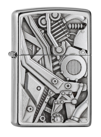 Vue de face 3/4 briquet Zippo Street Chrome avec emblème intérieur du moteur de moto