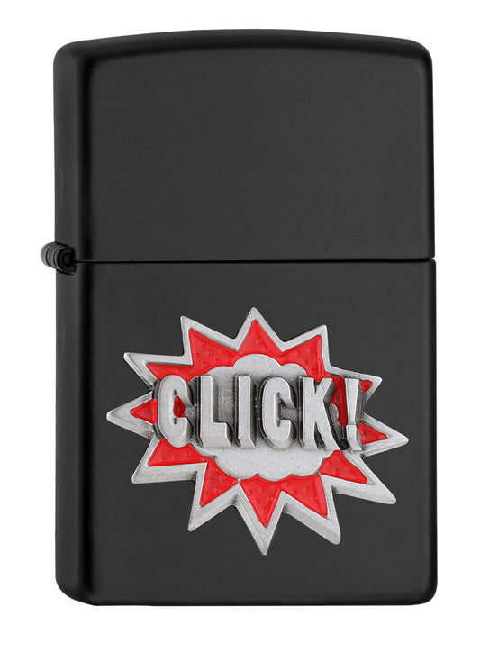 Vue de face 3/4 briquet Zippo noir mat avec emblème lettrage Click