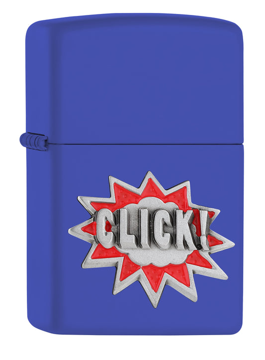 Vue de face 3/4 briquet Zippo bleu avec emblème lettrage Click