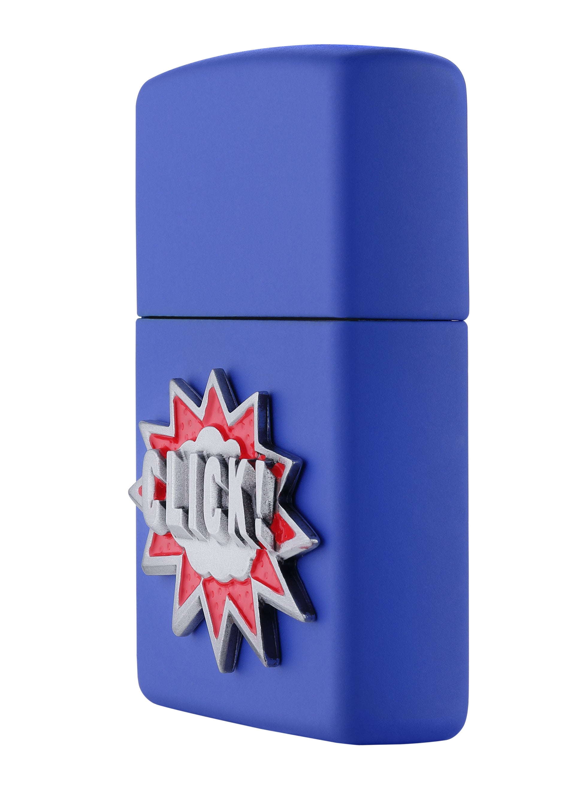 Vue de côté avant briquet Zippo bleu avec emblème lettrage Click