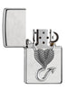 Briquet Zippo chromé emblème cœur avec queue et cornes de diable, ouvert