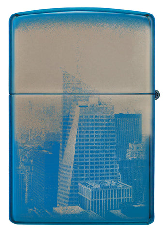 Rückansicht Zippo Feuerzeug 360 Grad poliert blau mit New York Skyline Online Only