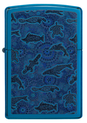 Briquet Zippo Vue de face en bleu brillant avec illustration d'animaux marins dans le style de l'art aborigène
