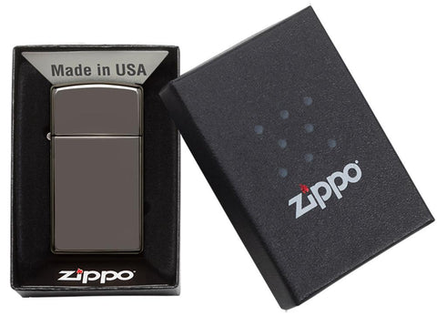 Vue de face briquet Zippo Slim Black Ice modèle de base, dans une boîte cadeau ouverte