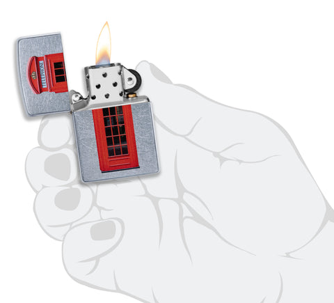 Zippo Feuerzeug Rote Telefonzelle aus London Online Only geöffnet mit Flamme in stilisierter Hand